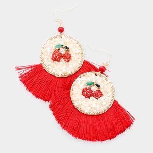 Gold Red Cherry Tassel Fan Green Stem Drop Dangle Earrings Fun Statement Jewelry